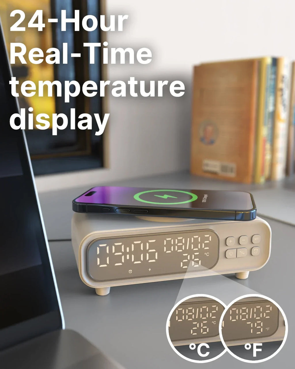 Chargeur Sans Fil 15W Horloge Alarme LED – Thermomètre Veilleuse Dock iPhone Écouteurs