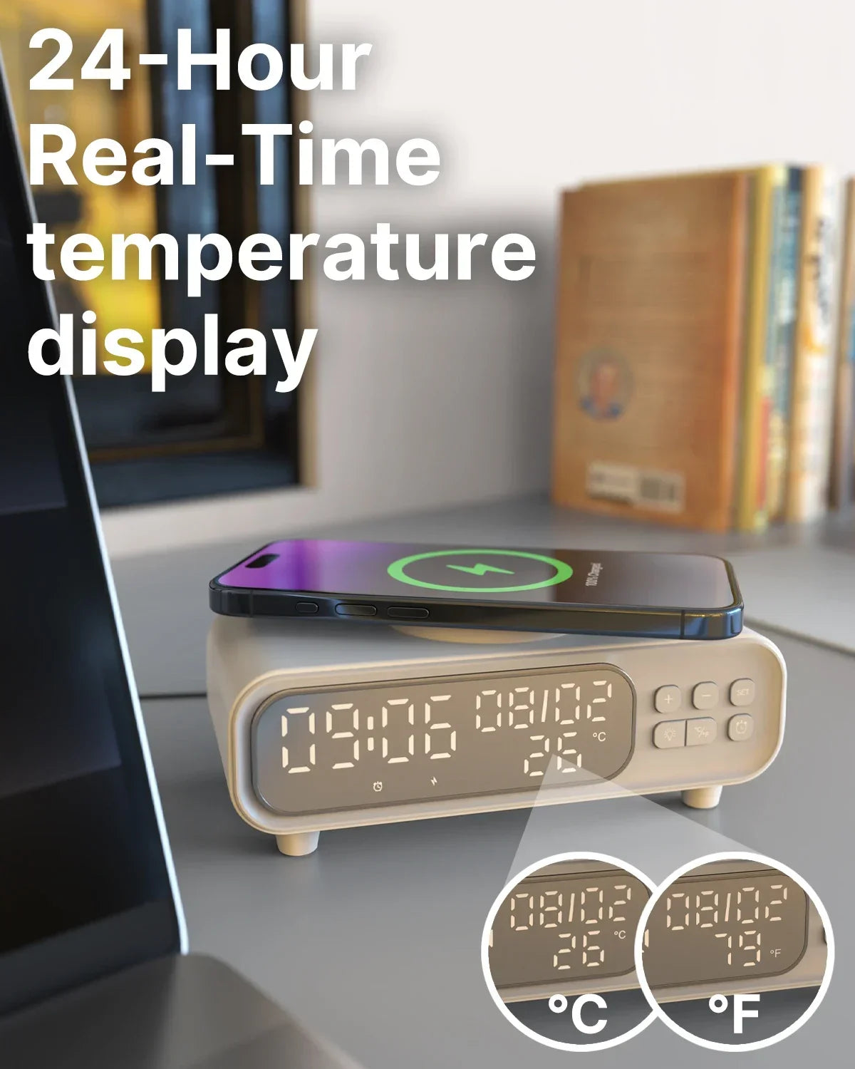 Chargeur Sans Fil 15W Horloge Alarme LED – Thermomètre Veilleuse Dock iPhone Écouteurs