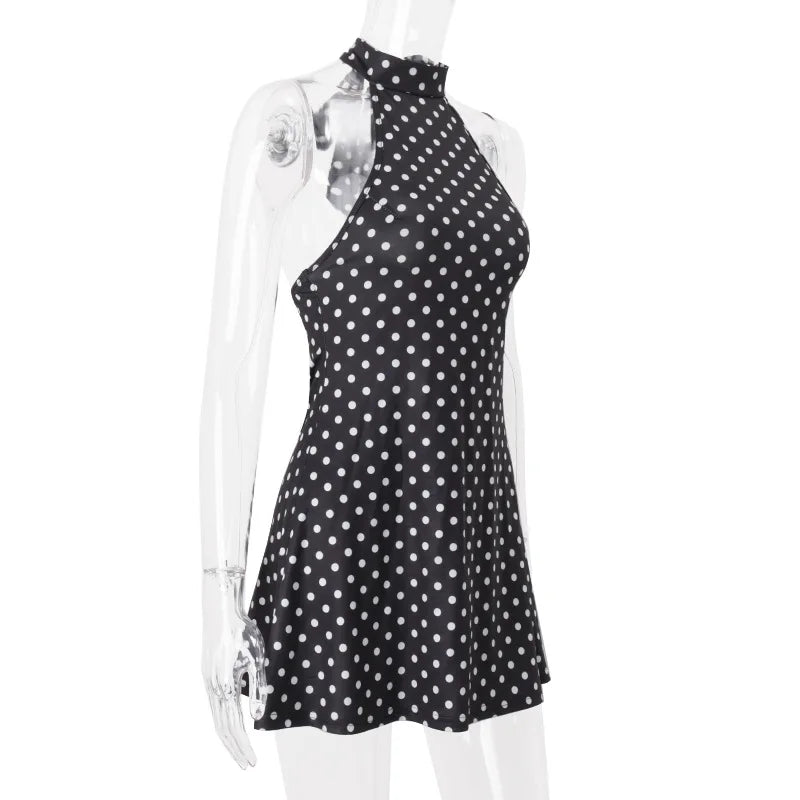 Mini Robe Femme Pois Élégante Épaules Dénudées Dos Nu Taille Haute Halter – Y2K Club & Soirée | Été