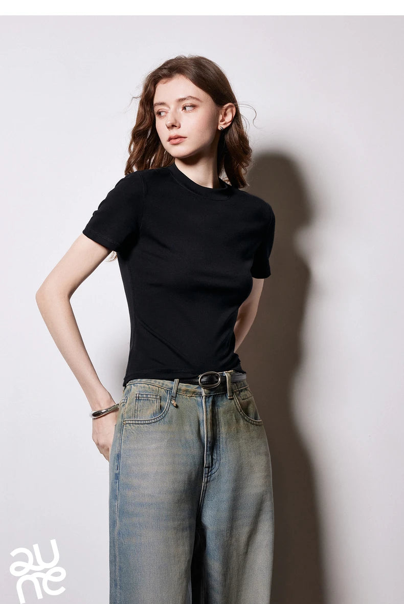 T-Shirt Lyocell Slim Fit Col Rond Manches Courtes Blanc - Basique Premium Polyvalent Printemps | TOYOUTH