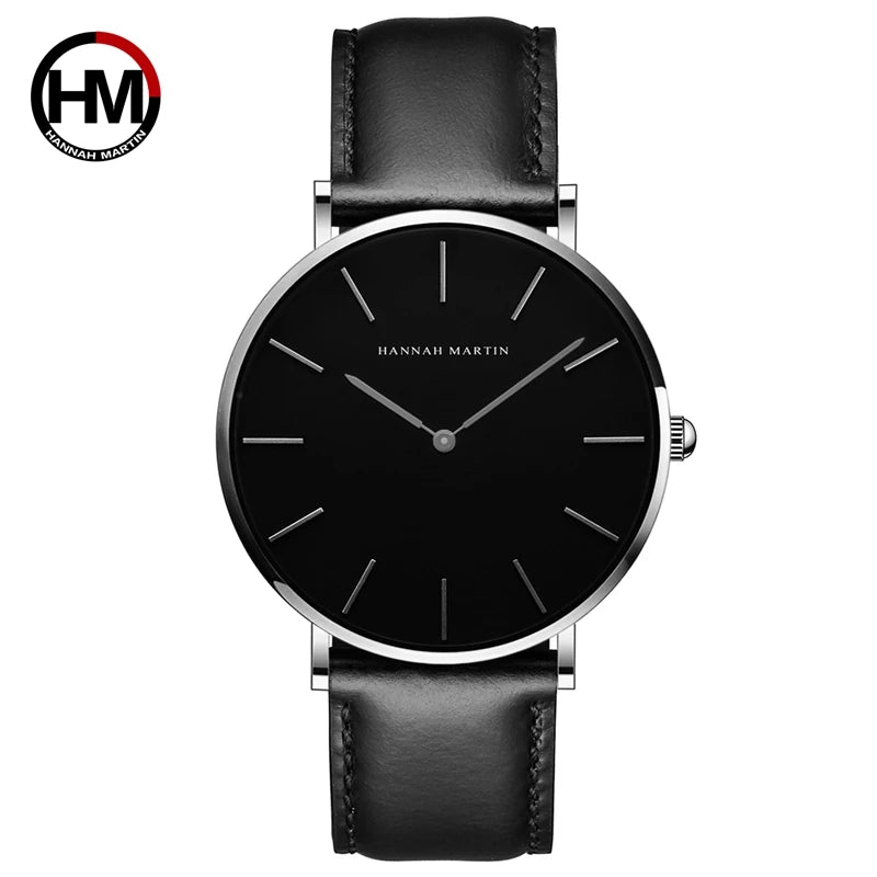 Montre Homme Hannah Martin Quartz Japonais – Bracelet Cuir Marron Argenté Étanche Fashion