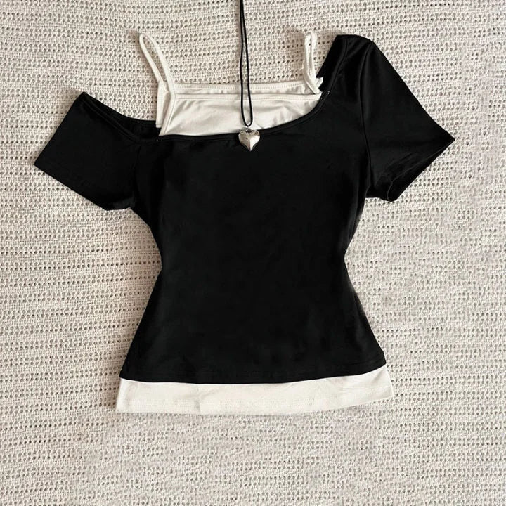Crop Top Femme Faux 2 Pièces Punk Gothic Rétro 90s Manches Courtes Slim – Streetwear Sexy | Été