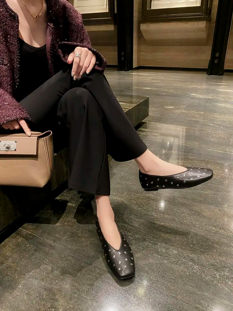 MORAZORA Ballerines Rivets Bout Carré Slip-on – Loafers Femme Noir Rouge Tailles 34-43