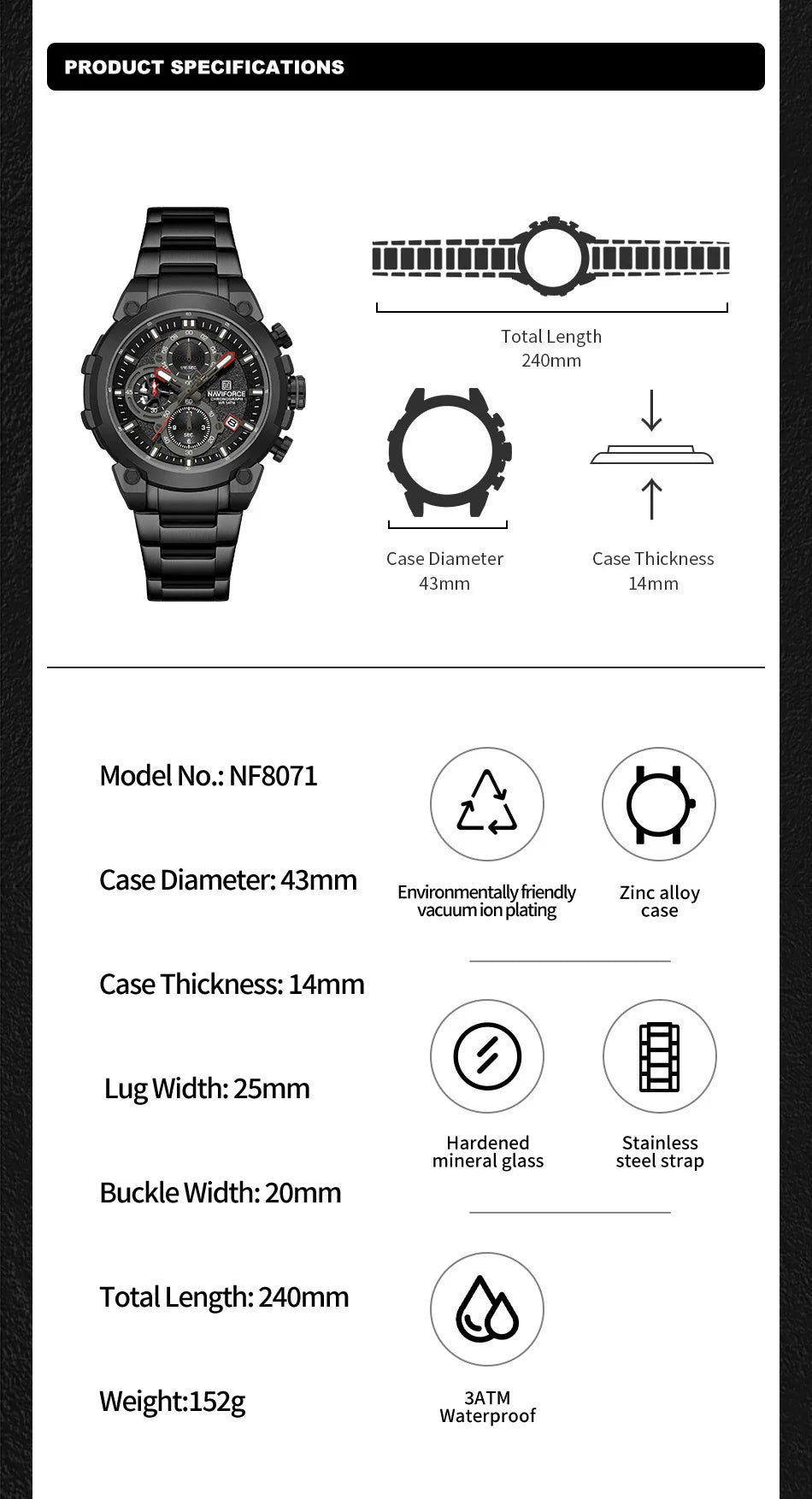 Montre Homme NAVIFORCE Chronographe Sport Militaire Calendrier Quartz – Étanche Fashion