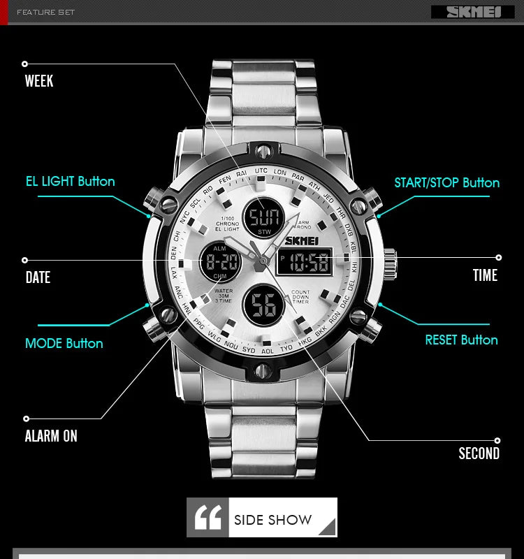 Montre Homme SKMEI Luxe Bracelet Acier 3 Fuseaux Horaires LED Sport Alarme Analogique Digitale Chronomètre | Montre SKMEI Multifonction Sport Luxe Premium