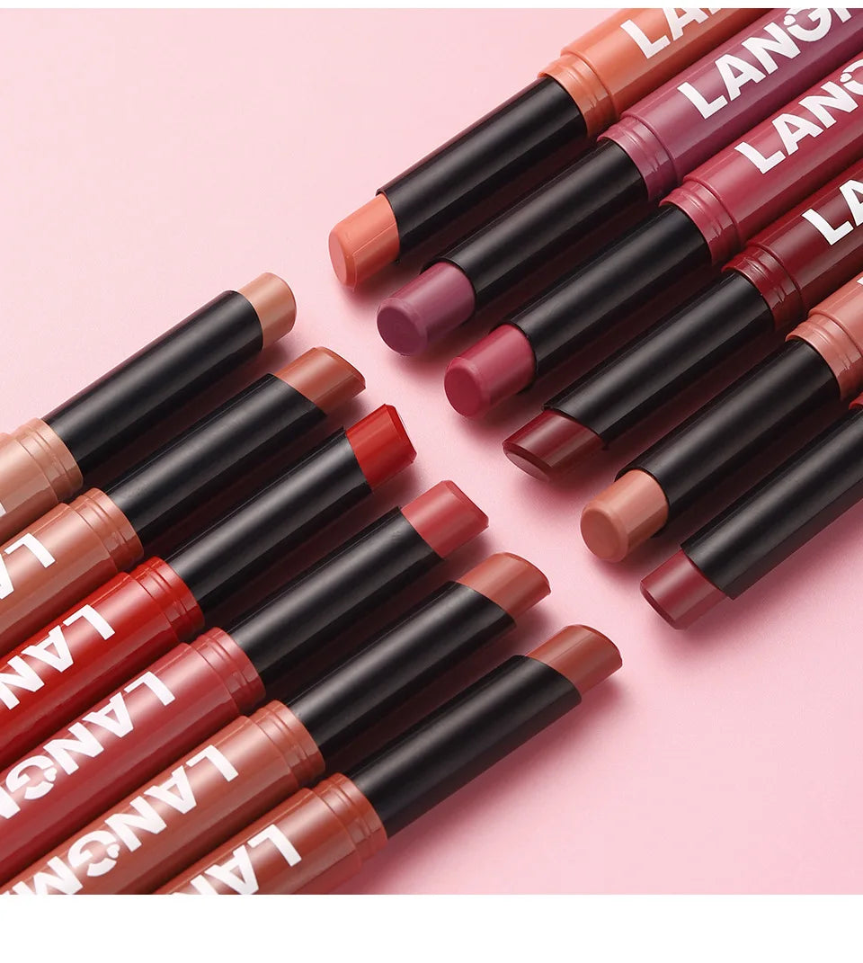 Crayon Lèvres Mat Waterproof 12 Couleurs – Longue Tenue Sans Transfert | Teinture Nude & Lip Stain