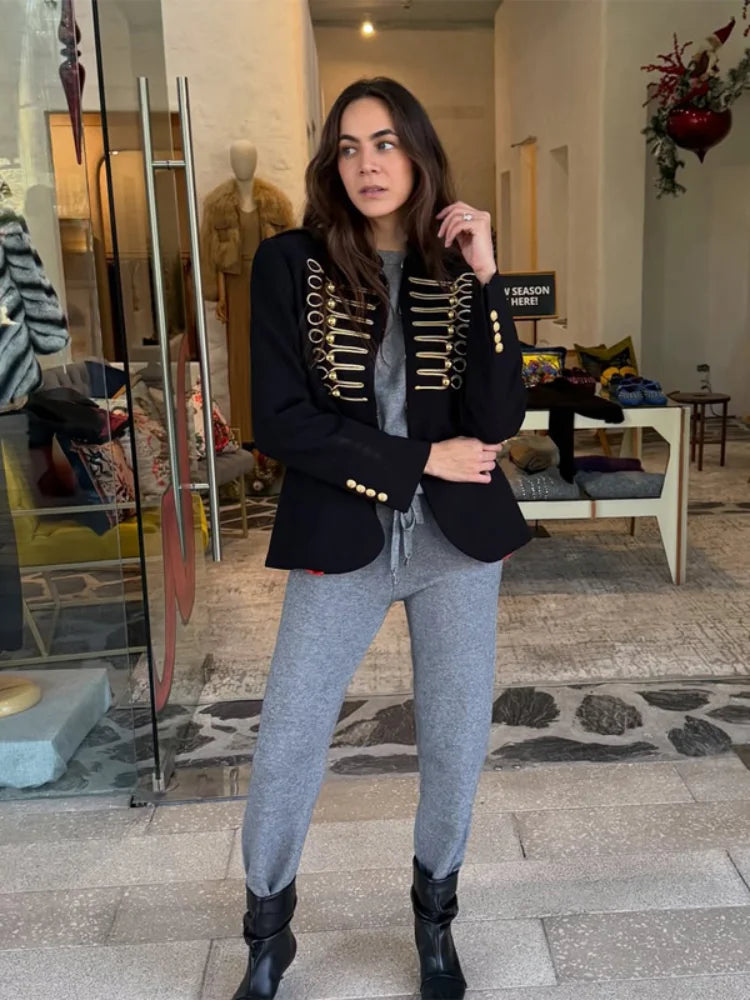 Veste Courte Femme Style Militaire Napoléon Vert Kaki Col Droit Boutonnage Simple – Chic Rétro High Street