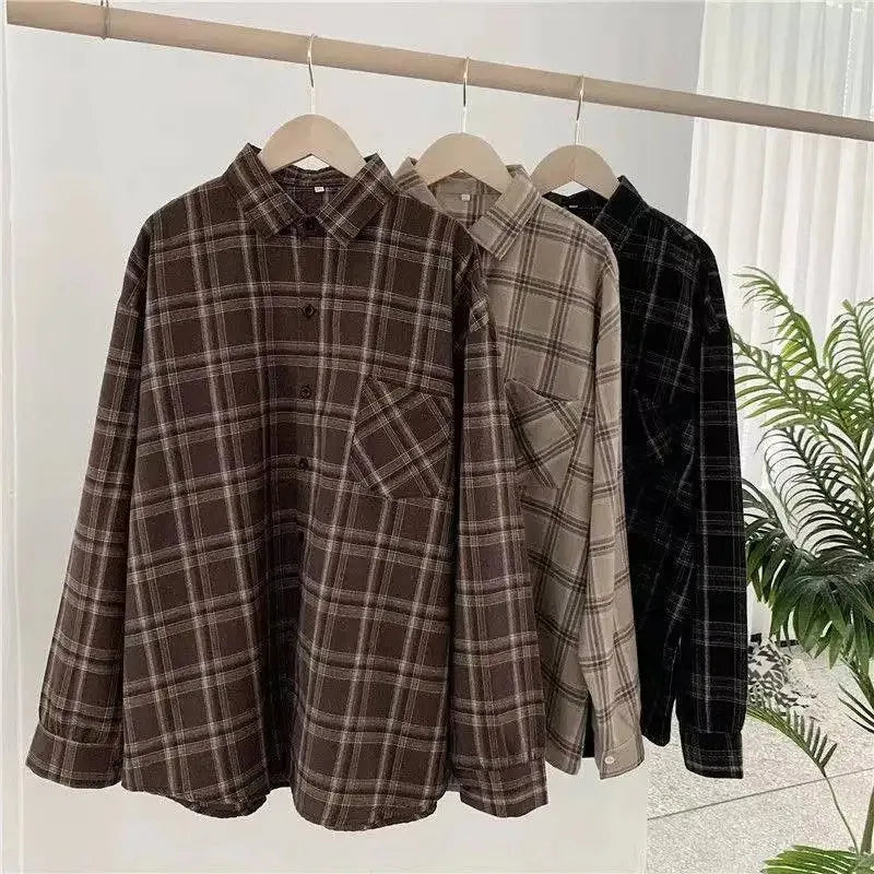 Chemise Femme À Carreaux Vintage Oversize Manches Longues Boutons Style Coréen – Casual Chic Automne | Streetwear