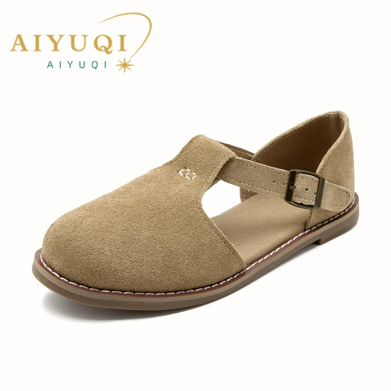AIYUQI Sandales Cuir Véritable Retro Givré Baotou Romain 2026 – Hollow Flat Femme