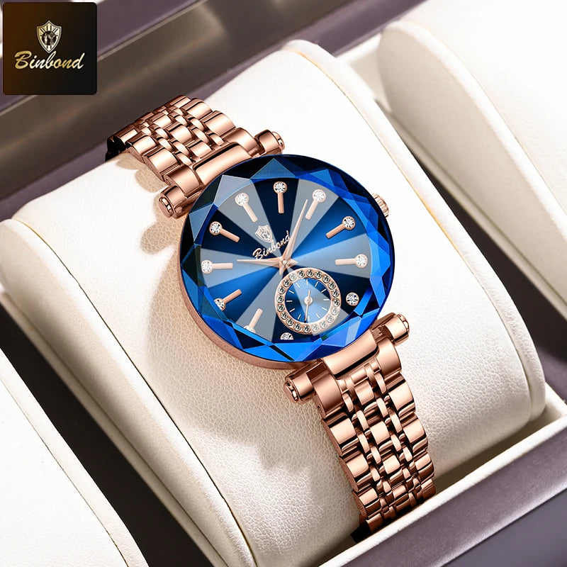 Montre Femme Luxe BINBOND Diamant Cœur de l'Océan Quartz – Lumineuse Étanche Élégante