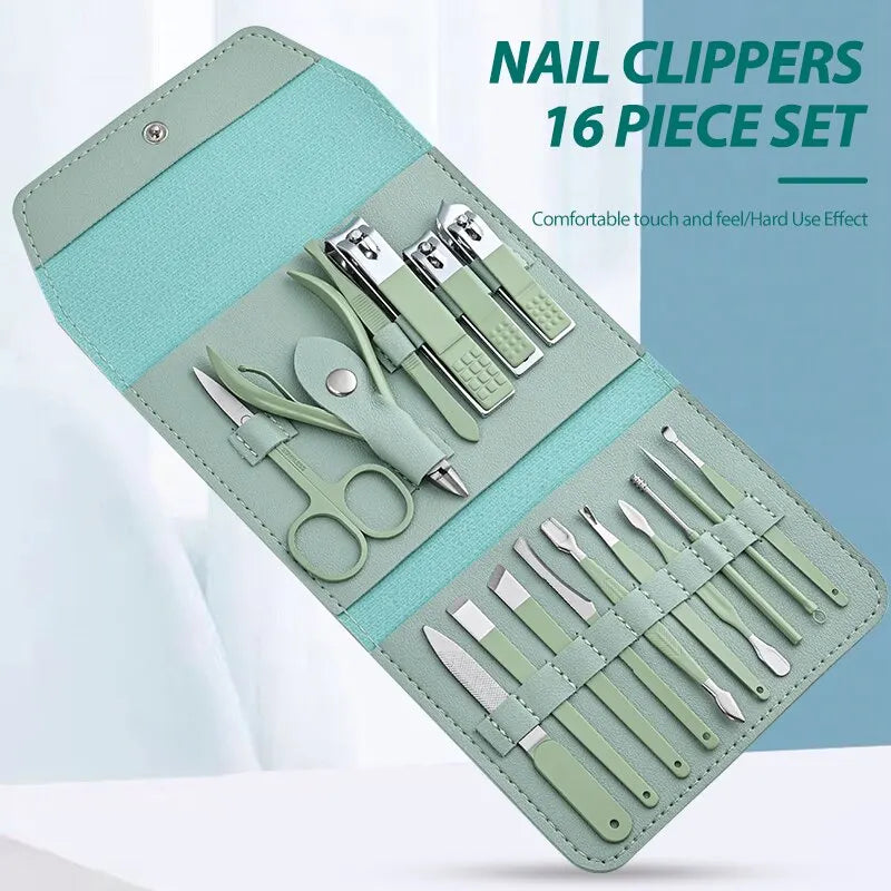 Kit Manucure 16 Pièces Inox – Coupe-Ongles, Ciseaux & Accessoires | Pochette Pliable | Soin Ongles Professionnel