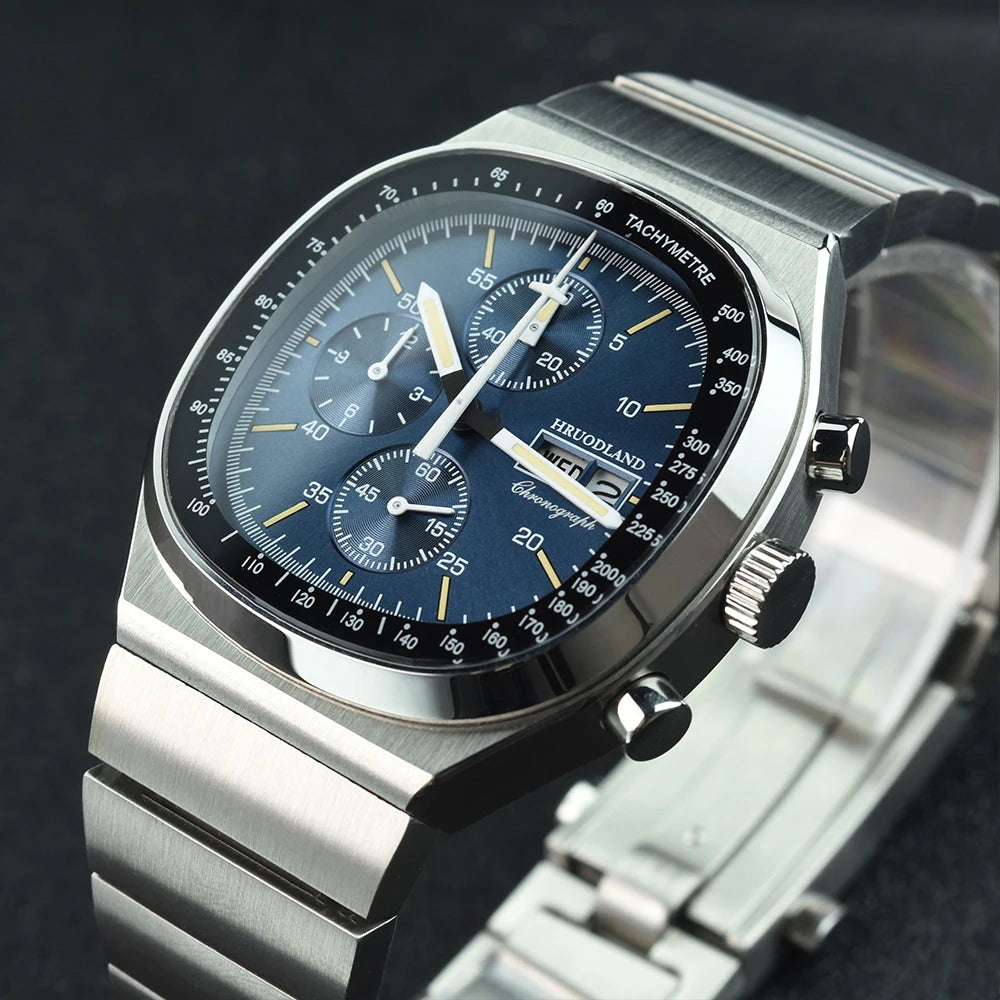 Hruodland F022 Retro Chronograph-Herrenuhr – Saphirglas Edelstahl Blau & Schwarz Fashion