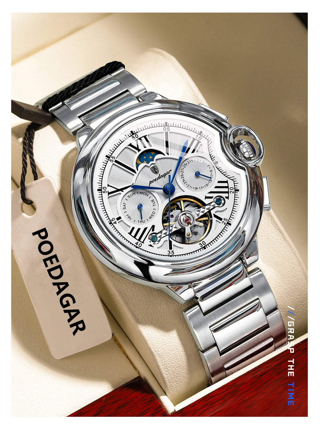 Montre Homme POEDAGAR Tourbillon Automatique Militaire – Acier Date Semaine Étanche