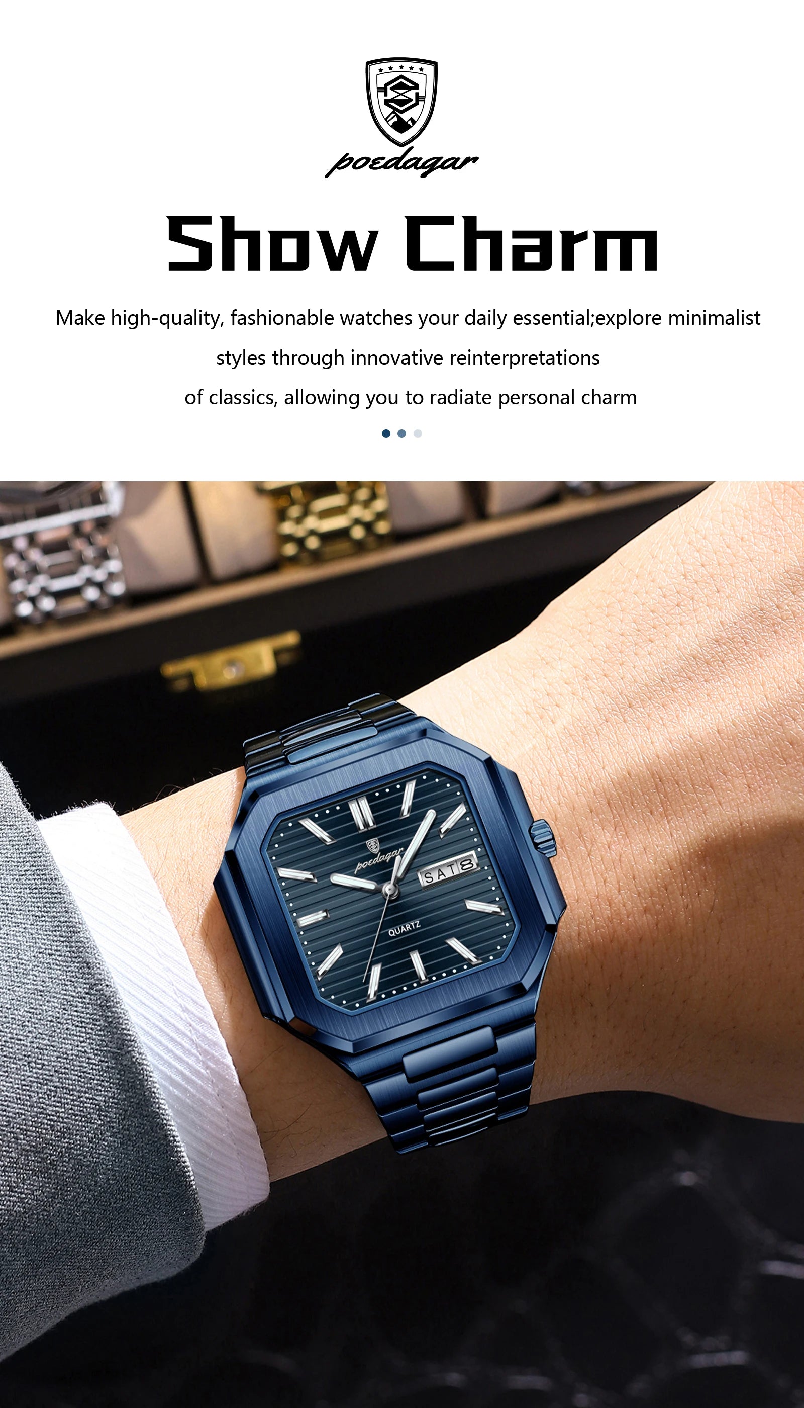 Montre Carrée Luxe Homme Poedagar – Quartz Étanche Lumineuse Date Semaine Acier Inoxydable Fashion