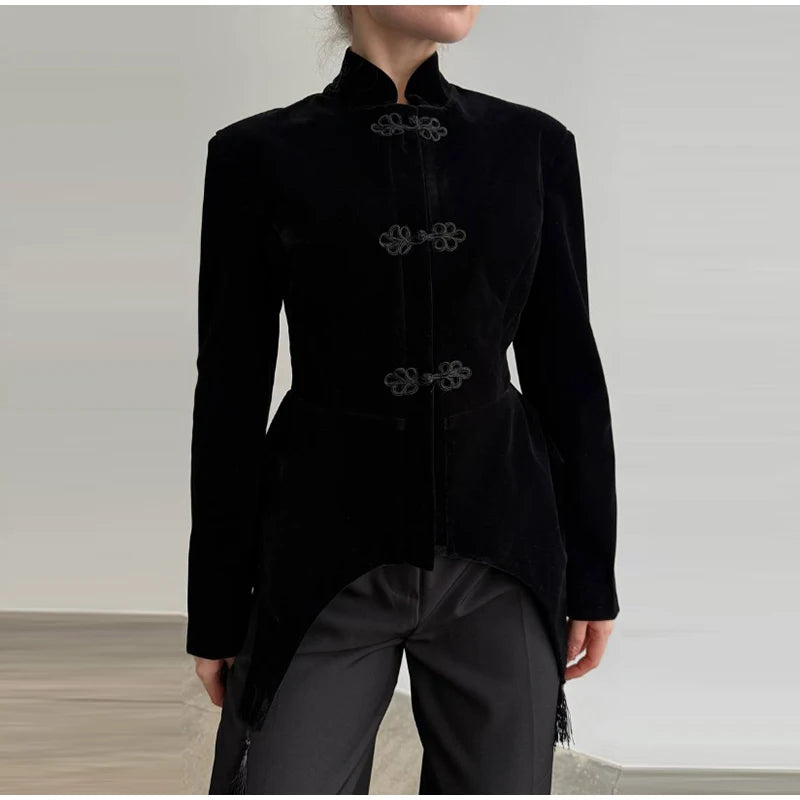 Veste Femme Velours Noir Franges Boutons Nœuds Ourlet Asymétrique Manches Longues Slim – Élégante Streetwear & Bureau