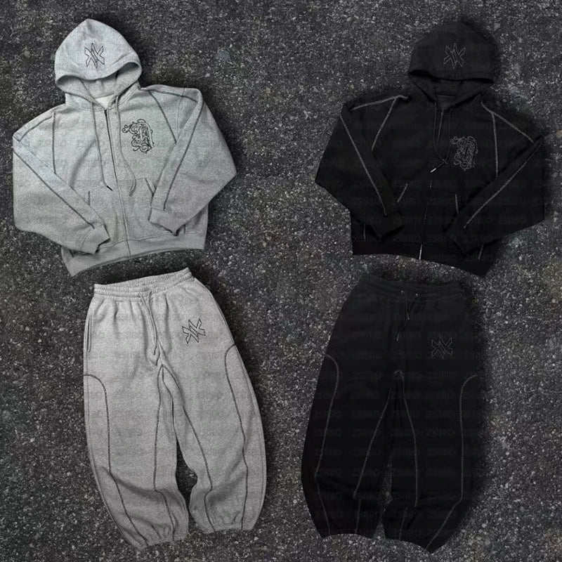 Ensemble 2 Pièces Y2K Américain Unisexe – Sweat Capuche Zip Oversize Broderie Hip Hop + Jogging Casual Homme & Femme | Streetwear