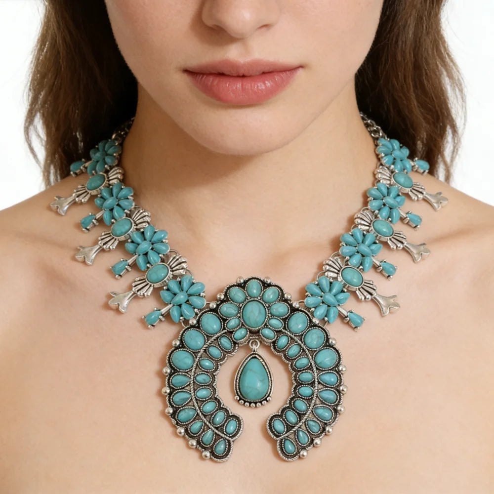 Parure Collier & Boucles Boho Ethnique Turquoise Résine – Pendentif Statement Baroque Retro | Style Indien Vintage | Bijou Femme Tendance 2026
