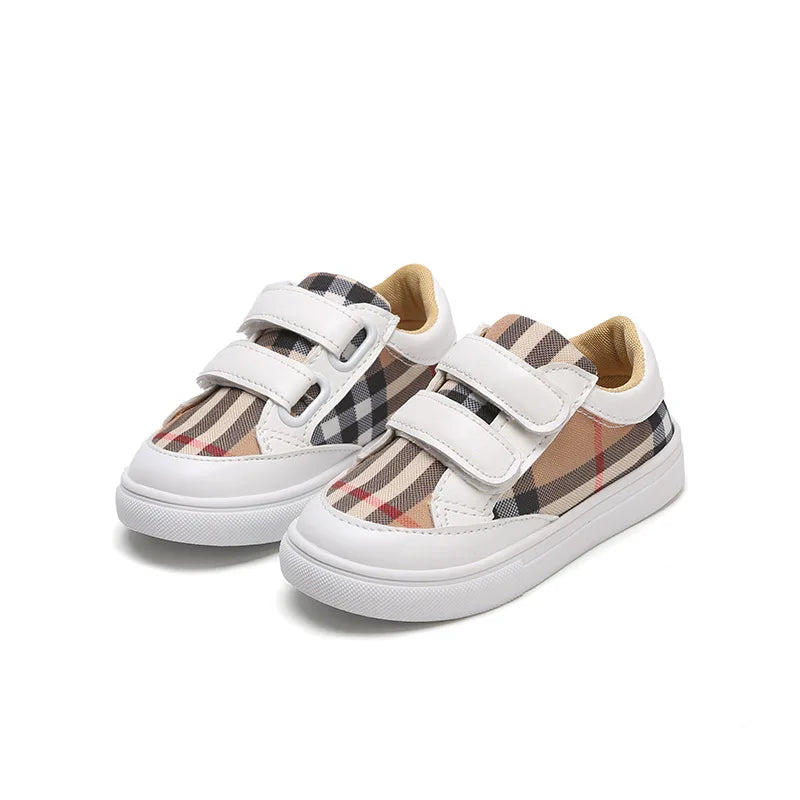 Baskets Enfant Style Coréen Carreaux Blanc – Sneakers Cuir PU Casual Unisexe 3-8 Ans