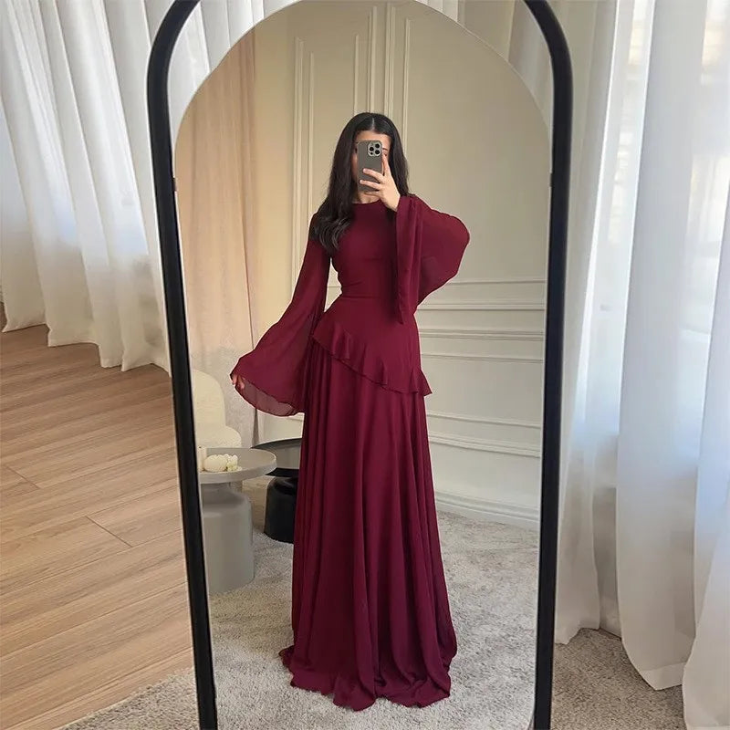 Robe Maxi Femme Chiffon Unie Volants Manches Papillon Col Rond – Élégante Soirée & Gala | 2025