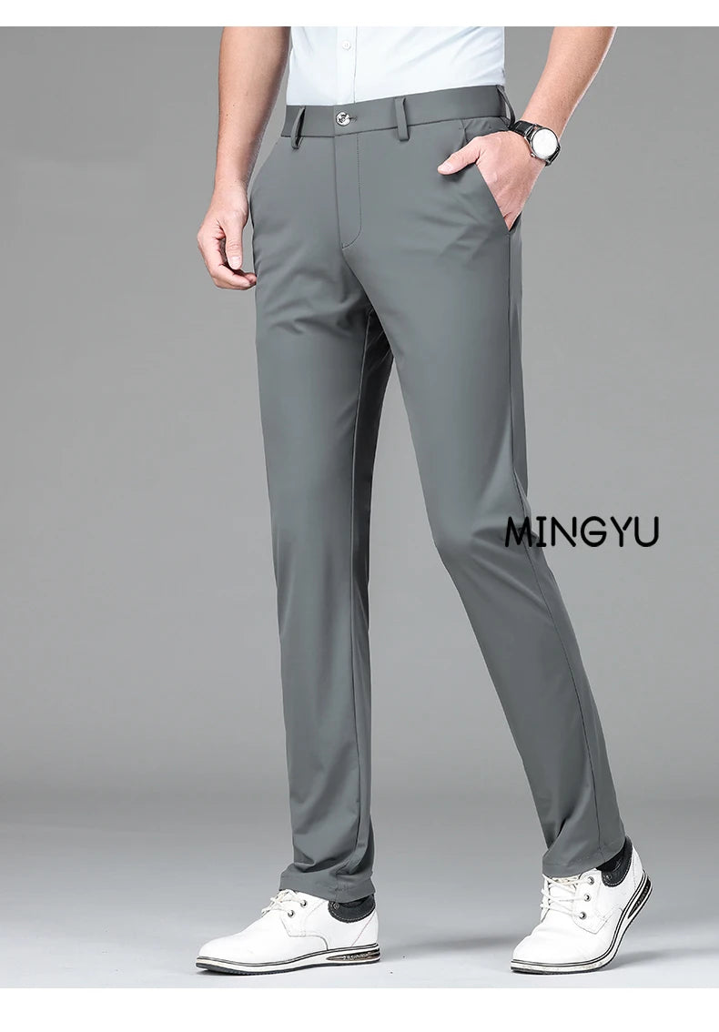 Pantalon Homme Soie de Glace Stretch Été Grande Taille – Ceinture Élastique Business Formel Jusqu'à 40 | Mode Homme Premium