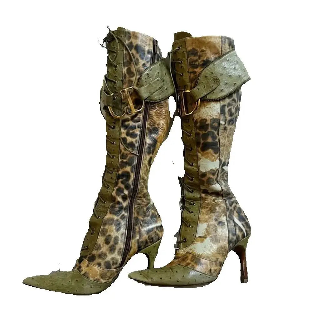 Bottes Léopard Vert Luxe Stiletto Zip 2026 – Cross Strap Boucle Catwalk Fête Fashion