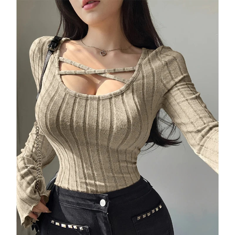 Damen Strick-Top Quadratischer Ausschnitt Langarm Überkreuzte Träger Gerippt Schmale Passform Casual – T-Shirt Streetwear Herbst Winter | Mode