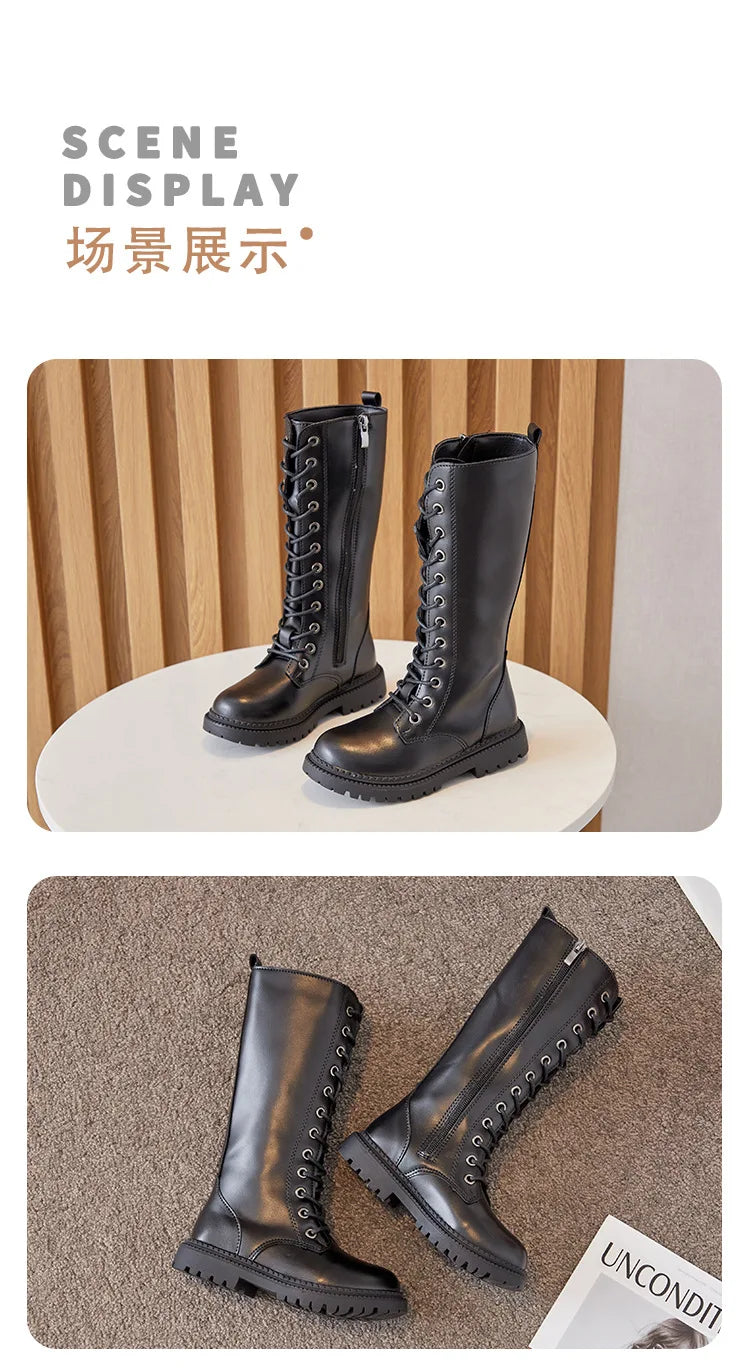 Bottes Hautes Fille Hiver Style Moto – Cuissardes Semelle Souple Plateforme Princesse Enfant