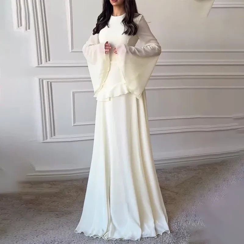 Robe Maxi Femme Chiffon Unie Volants Manches Papillon Col Rond – Élégante Soirée & Gala | 2025