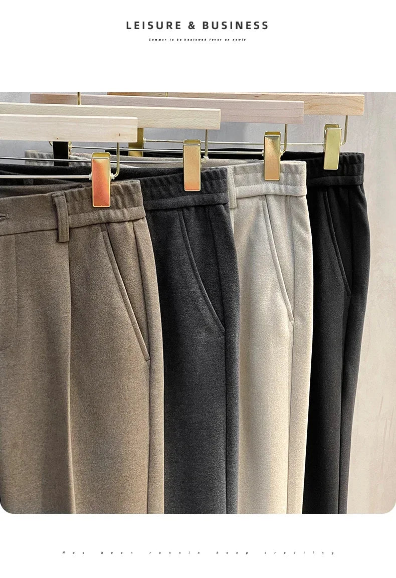 Pantalon Costume Homme Business Droit Laine Épaisse Ceinture Élastique Gris Marron Classique Korean Formal Automne Hiver – Pantalon de Costume Premium Toutes Tailles 28-38 | Mode Homme Business Premium