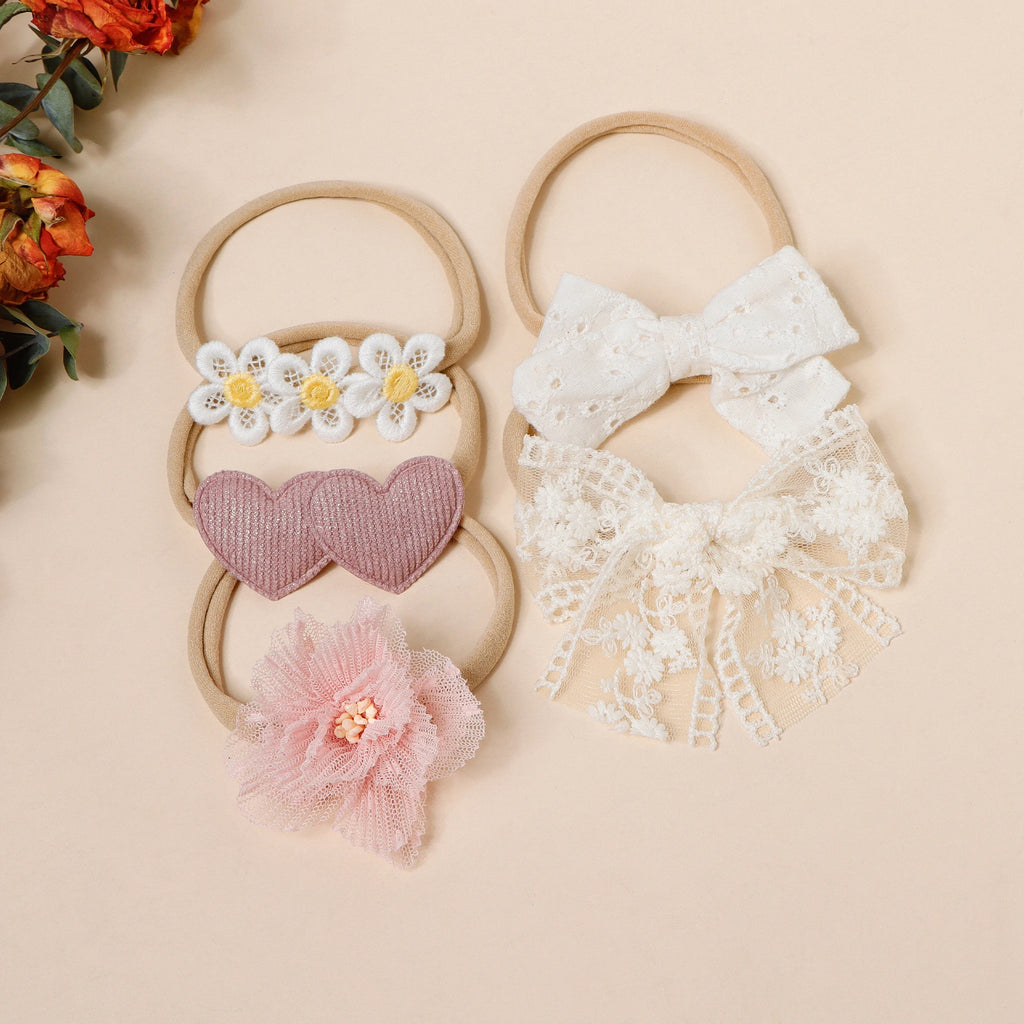Lot 5 Bandeaux Fleurs Dentelle Rose Bébé Fille – Accessoires Cheveux Nouveau-Né Photo Mignons