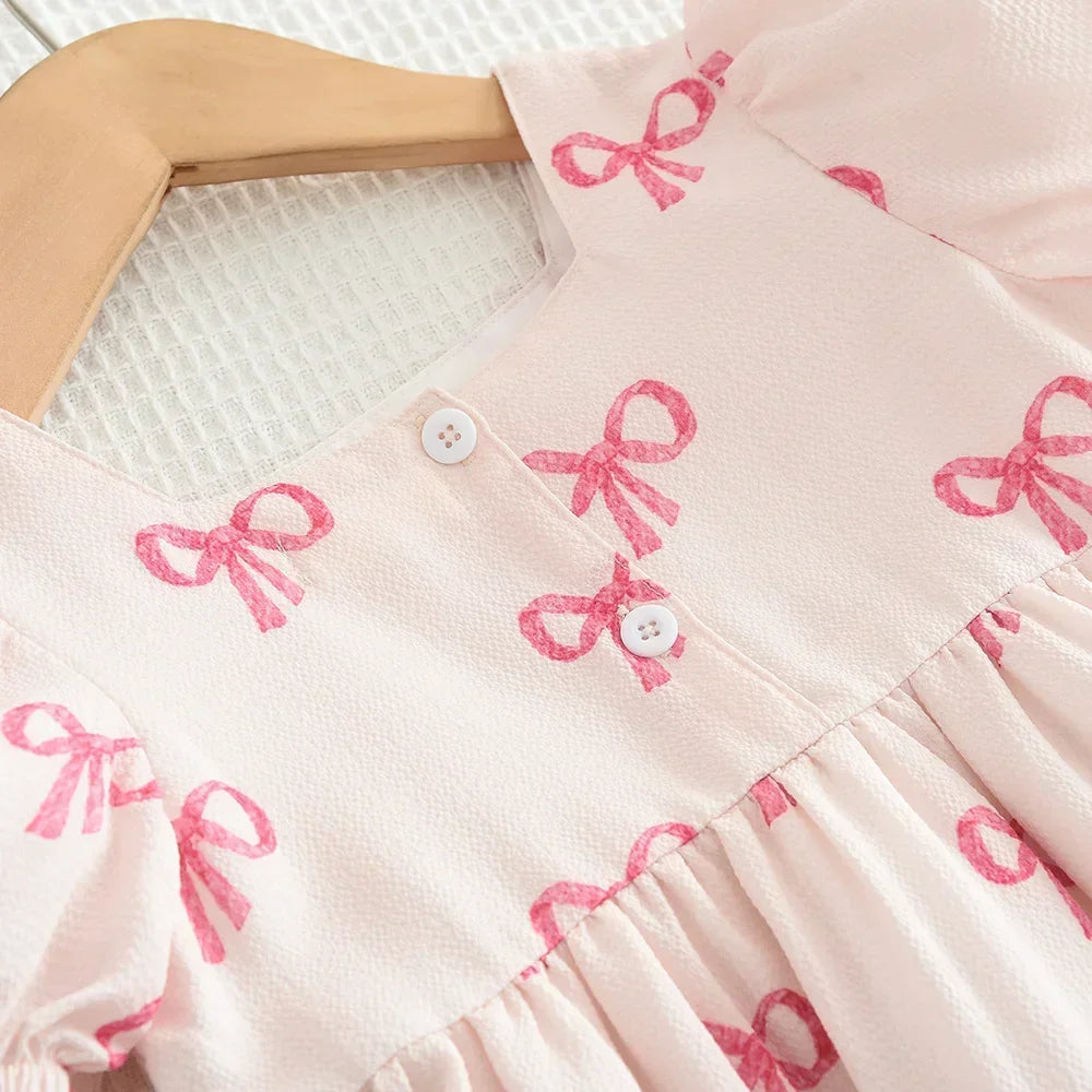 Robe Princesse Fille Manches Bouffantes Col Carré Nœud Imprimé – Tenue Casual Été 3-7 Ans