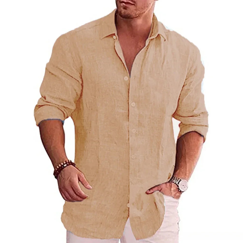 Chemise Homme Lin Coton Manches Longues Couleur Unie Casual Resort Style Polyvalente Automne Élégante Respirante – Chemise Lin Premium Toutes Saisons | Mode Homme Premium