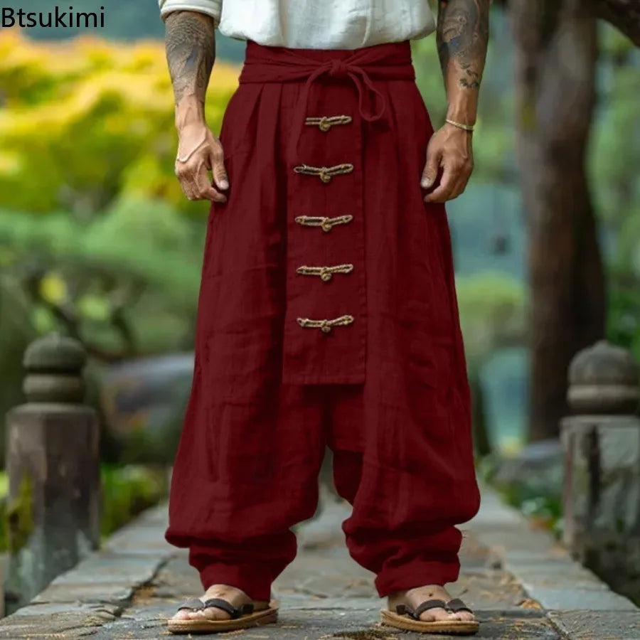 Pantalon Homme Lin Coton Large Ethnique Casual Couleur Unie Lacets Baggy Vintage Streetwear Printemps Été Confortable Léger – Pantalon Boho Premium Jambe Large | Mode Homme Casual Premium