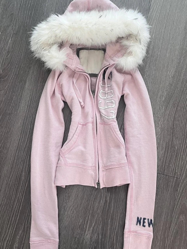 Sweat à Capuche Femme Fourrure Synthétique Rose Vintage Américain Y2K Harajuku Col Fausse Fourrure Slim Centuré – Veste Tendance Hot Girl | Mode