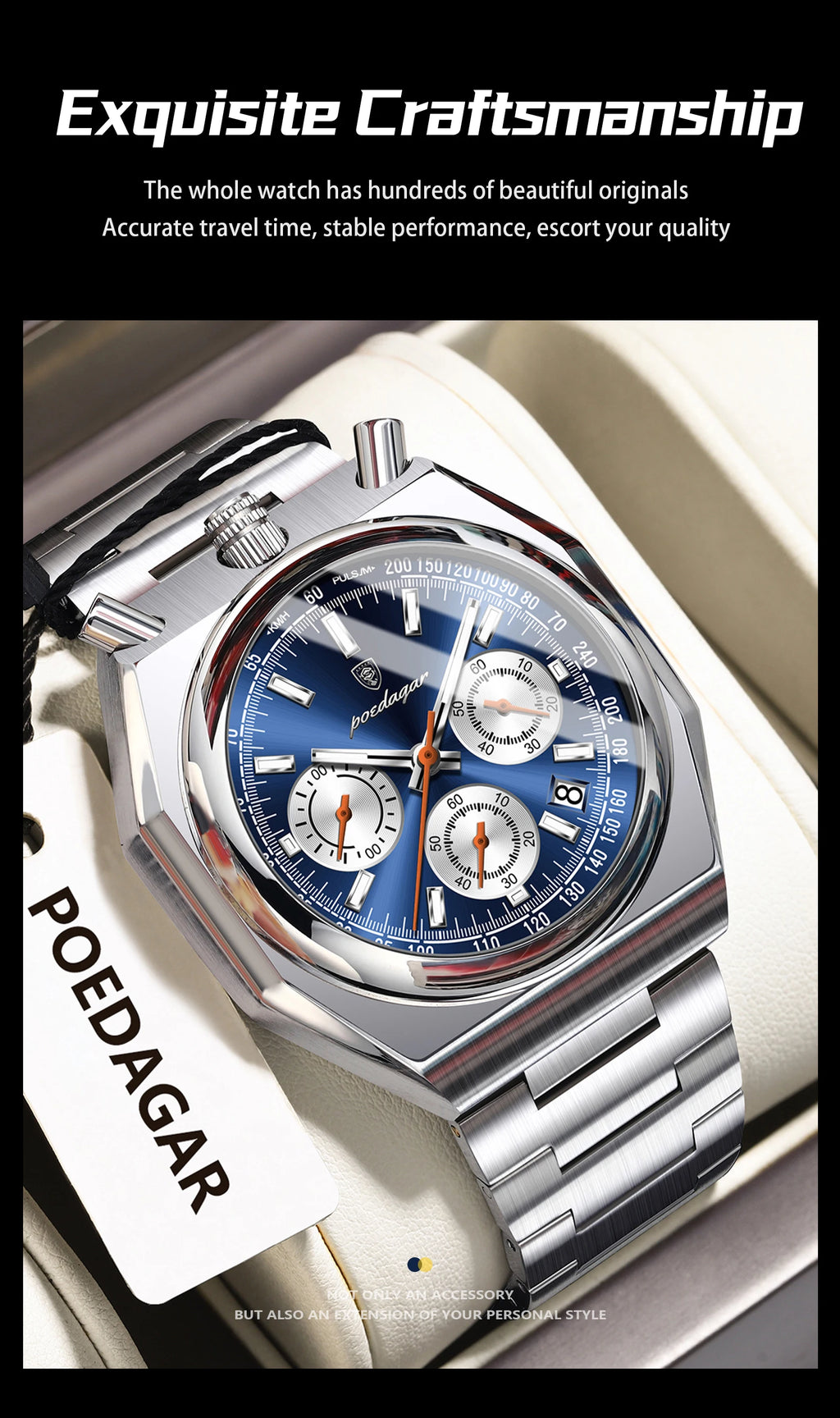 Montre Homme Luxe POEDAGAR Chronographe Militaire Acier Inoxydable Lumineux Étanche + Boîte