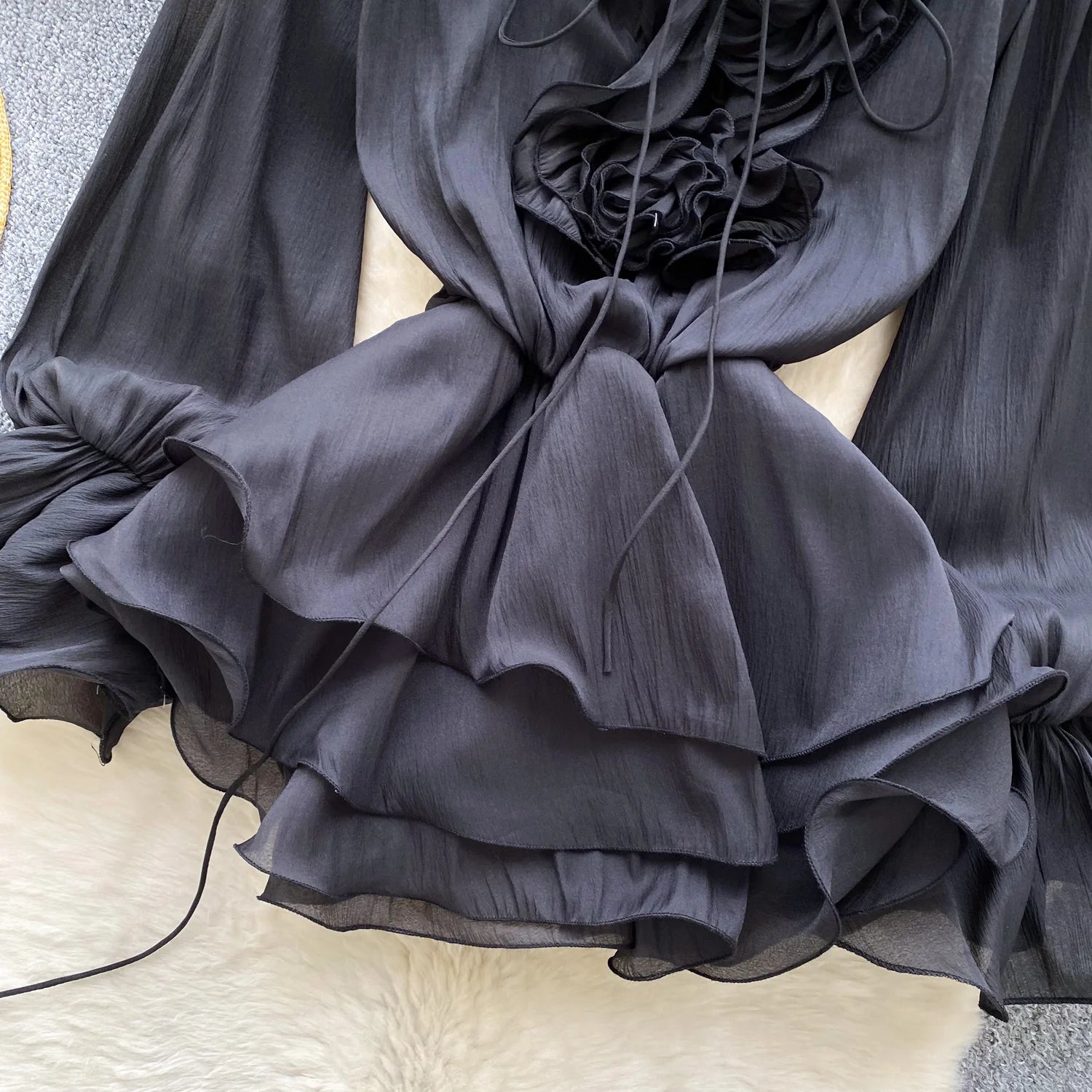 Robe Courte Femme Fleurs 3D Manches Longues Laçage Volants Mousseline – Vintage Bohème Sexy | Plage Été