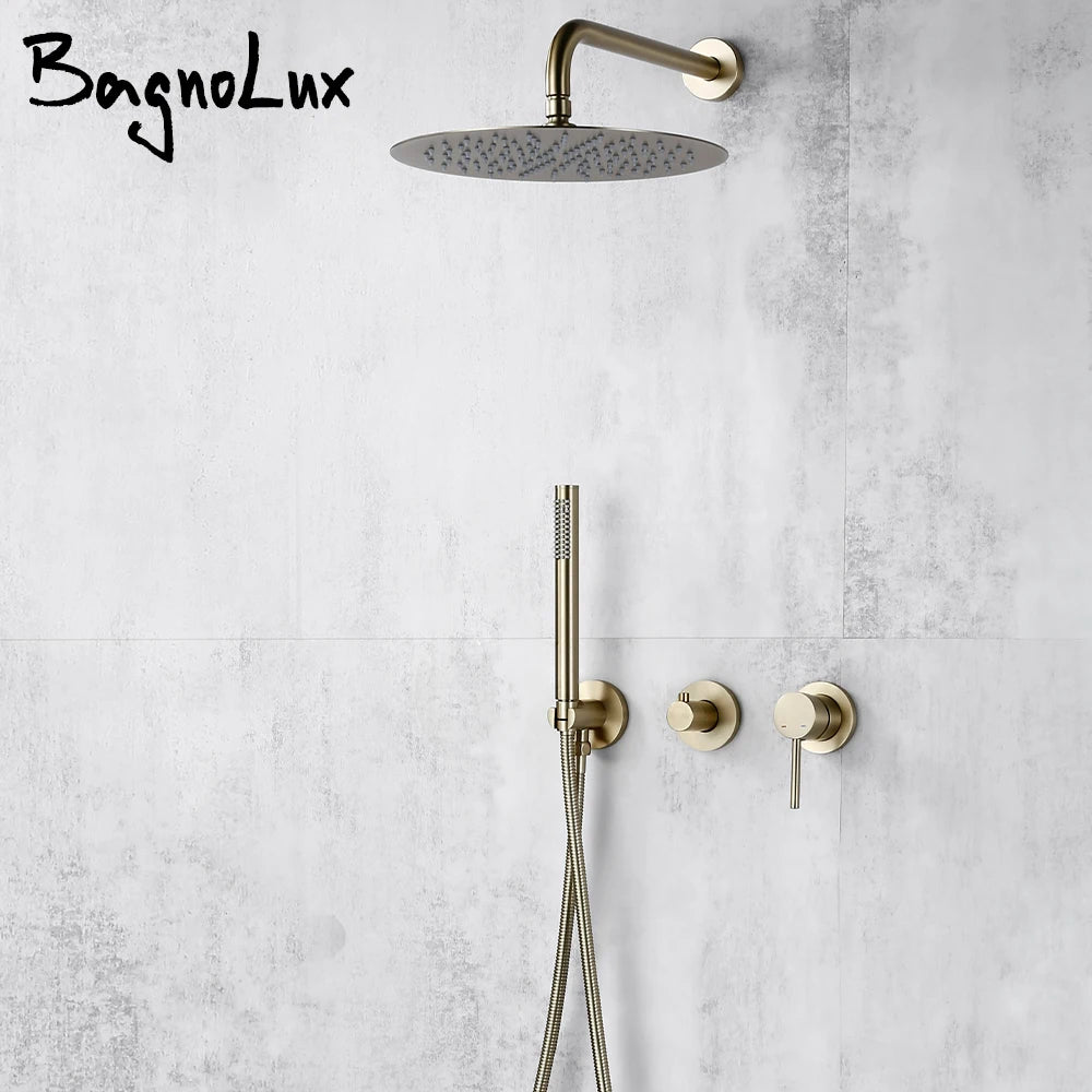 Bagnolux Ensemble Douche Pluie Mural Or Brossé – Valve de Contrôle, Pommeau Pluie, Douchette & Flexible | Salle de Bain Luxe