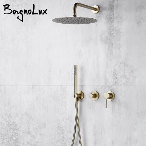 Bagnolux Ensemble Douche Pluie Mural Or Brossé – Valve de Contrôle, Pommeau Pluie, Douchette & Flexible | Salle de Bain Luxe