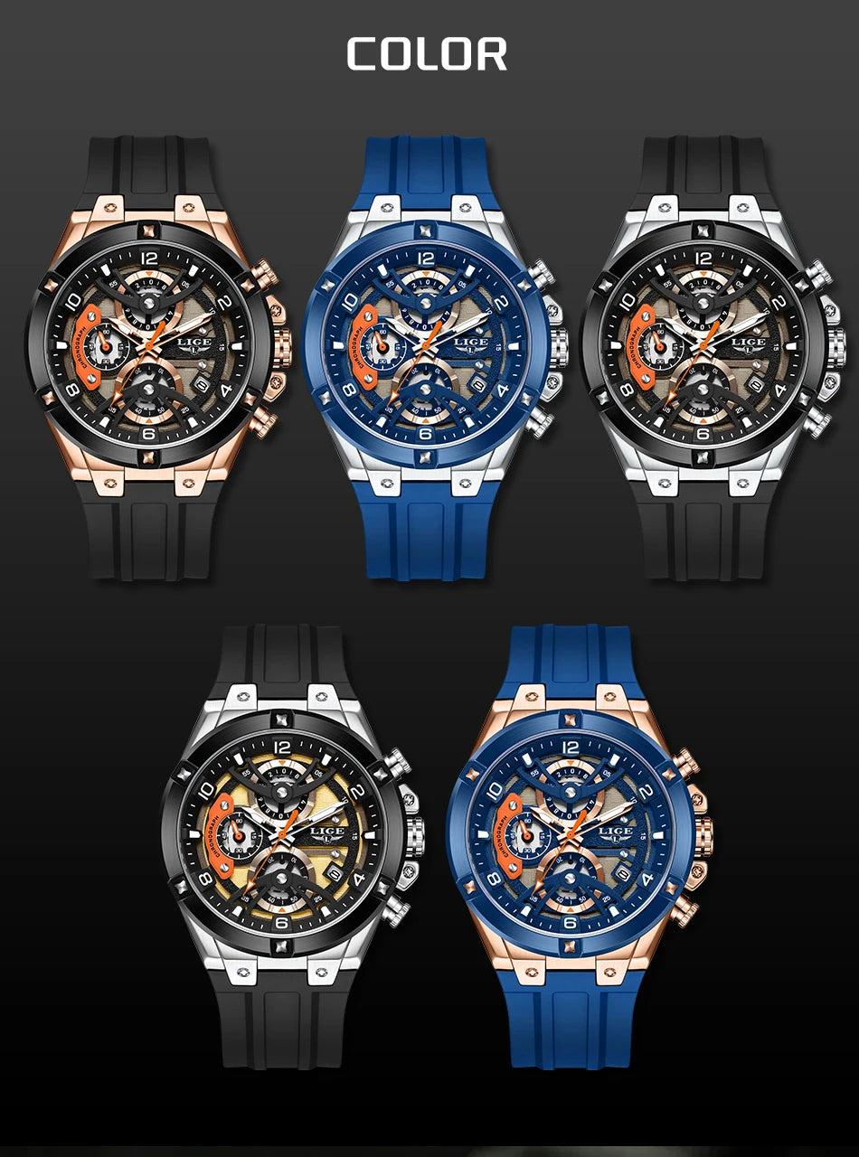 Montre Homme LIGE Militaire Luxe Chronographe Quartz – Lumineux Date Sport Silicone Étanche
