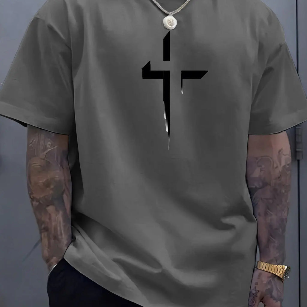 T-Shirt Homme 100% Coton Pur Imprimé Croix Créatif Loose Grande Taille Col Rond Manches Courtes Sport Casual Été Confortable | Mode Homme Tendance