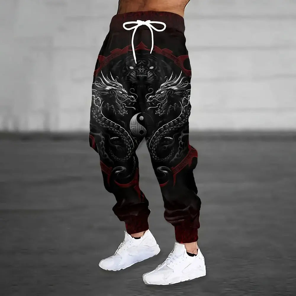 Men's Large Size Loose Pocket Draw Rope Sports Sweatpants Winter New Thick Warm Sweatpants Fashion Dragon Print Sweatpants
