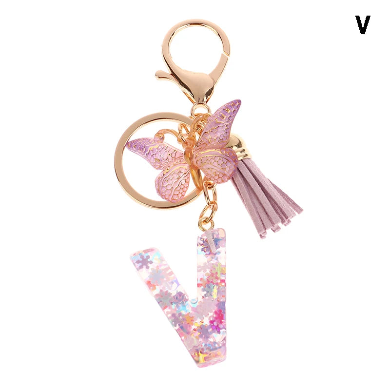 Porte-Clés Lettre Initiale Sequins Femme – Pendentif Papillon Pompon Sac Voiture Bijou