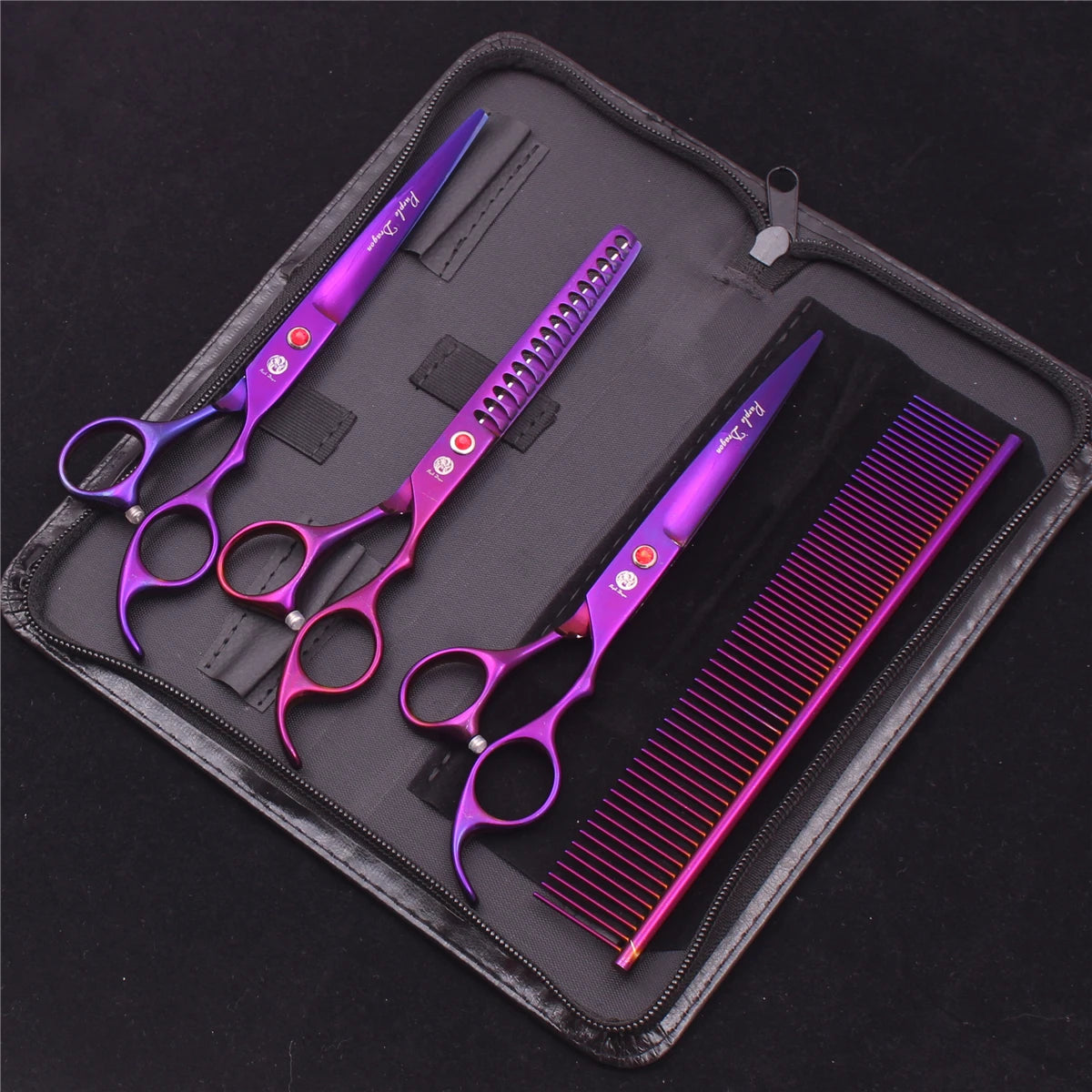 Kit Ciseaux Toilettage Chien Purple Dragon 18cm Inox – Droits Effileurs Chunker Courbés | Toiletteur Professionnel Animaux Z3003