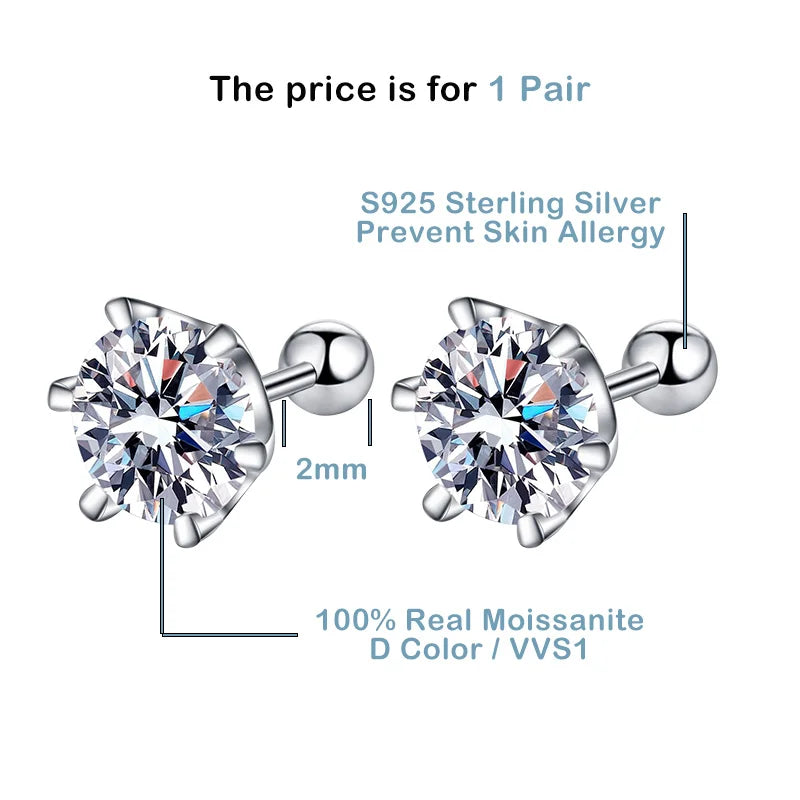 Puces Moissanite Vis Argent 925 Couleur D 6 Griffes – Éclat Diamant Éblouissant | Bijou Mariage & Fine Jewelry Femme | Cadeau Luxe