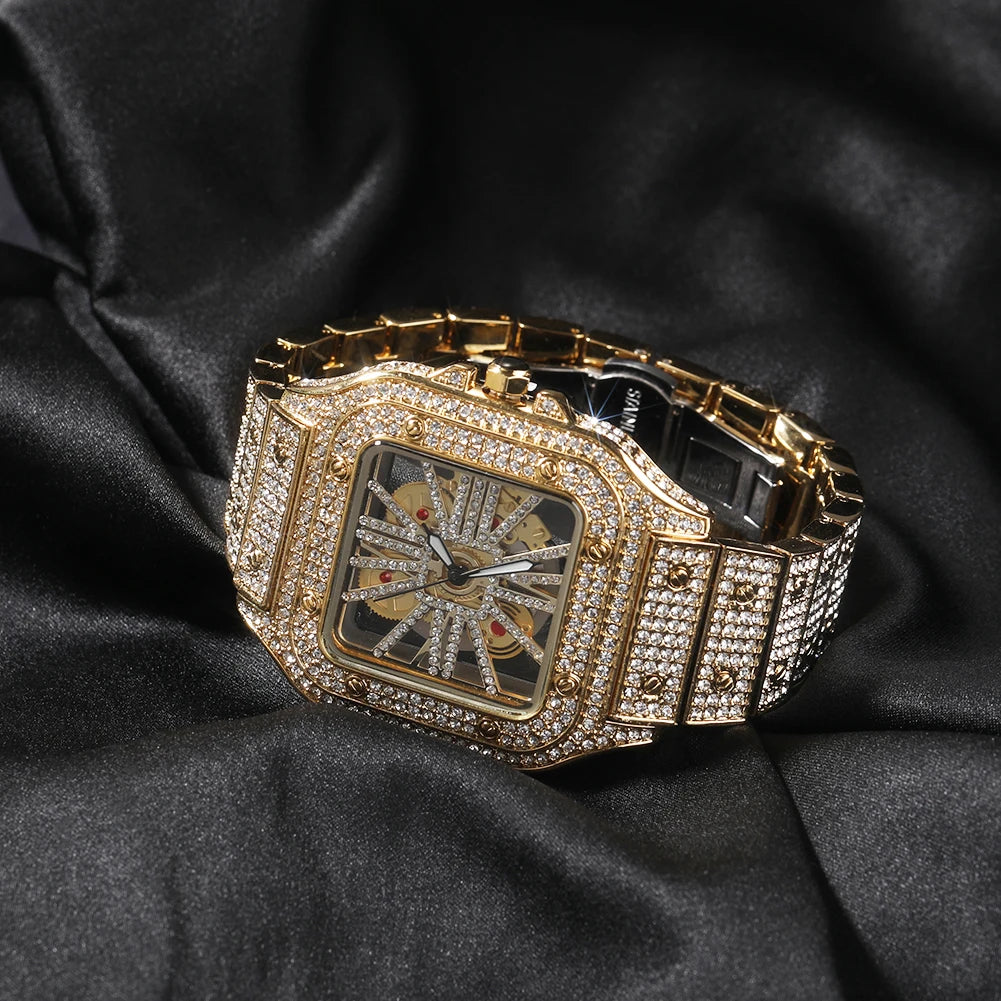 Montre Quartz Transparente Rhinestone Luxe Homme – Cadran Carré Skeleton 35mm Automatique