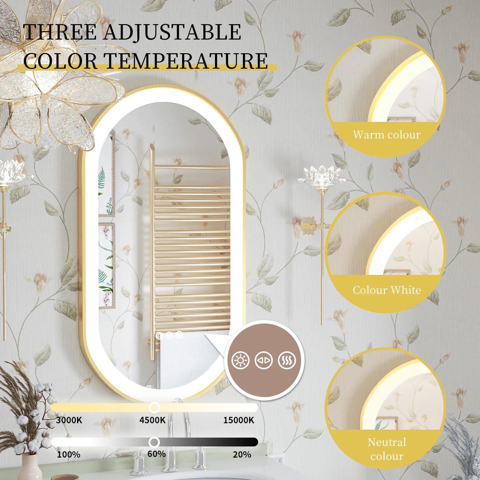 Large LED Oval Bathroom Mirror with Stepless Dimmable Lighted Vanity Mirror for Wall Mounted Vanity with Frame Anti-Fog Memory
