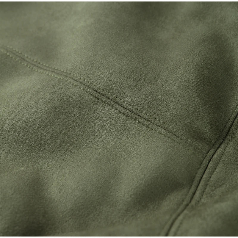 Veste Femme Suède Vert Élégante Manches Bouffantes Revers Fermeture Éclair Ample Plissée – Blouson Court Streetwear Printemps Automne | Mode 2025