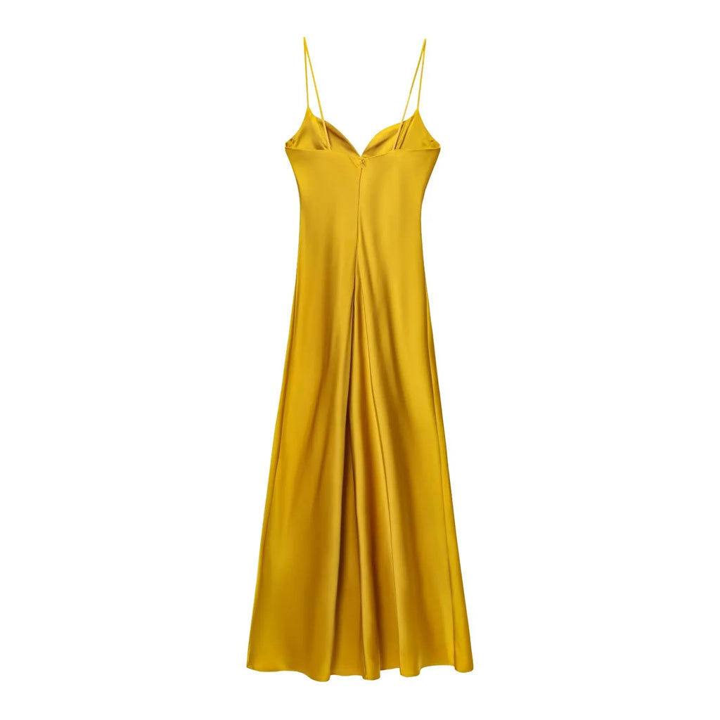 Robe Longue Femme Satin Rouge Col V Bretelles Sans Manches – Fermeture Dos Zip Élégante | HH Été 2025