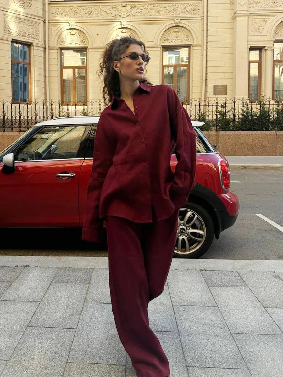 Damen-Zweiteiler aus Baumwolle, legeres Reverskragenhemd mit langen Ärmeln und Hose mit elastischem Bund, einfarbig, bequem – Sommer-Outfit | Bornladies