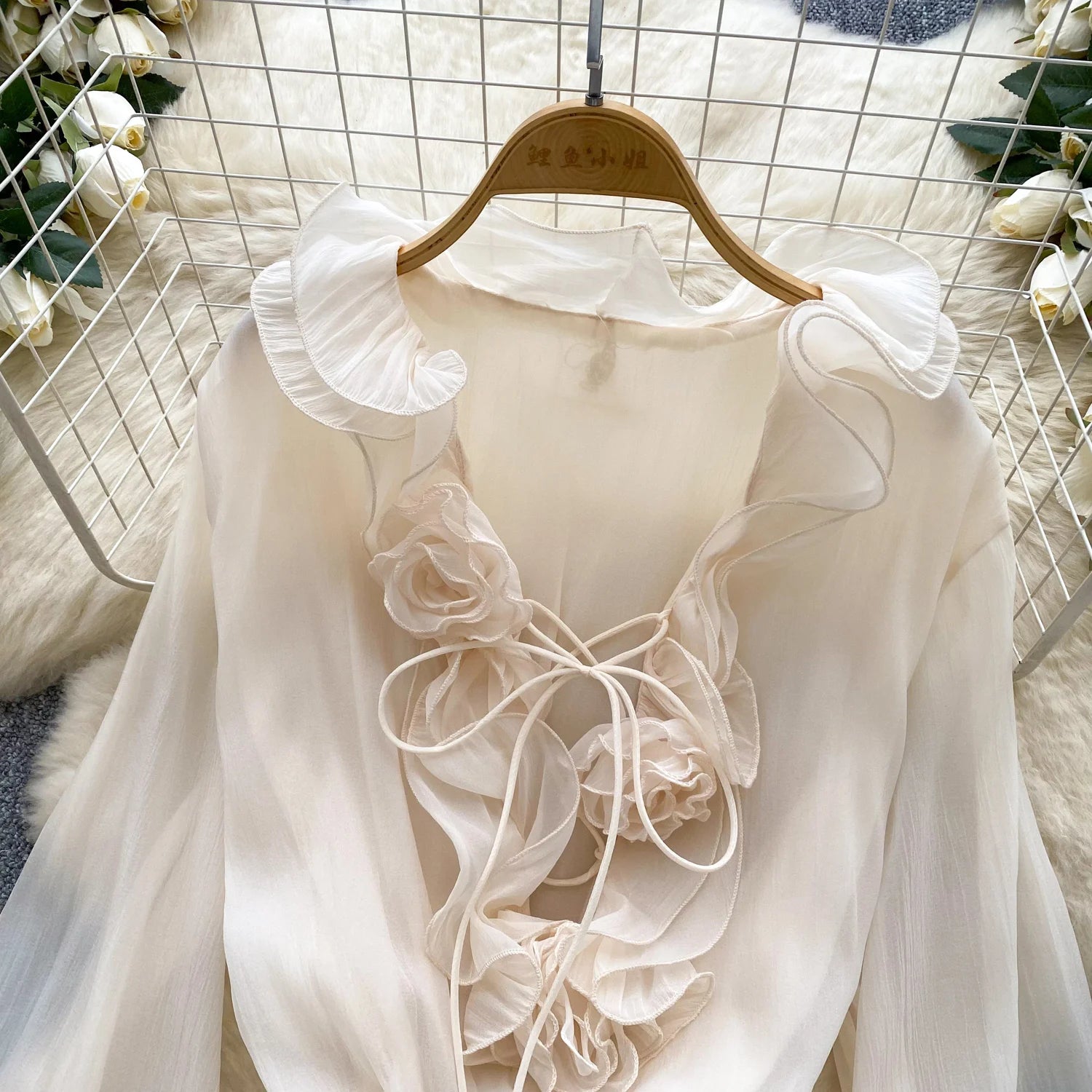 Robe Courte Femme Fleurs 3D Manches Longues Laçage Volants Mousseline – Vintage Bohème Sexy | Plage Été